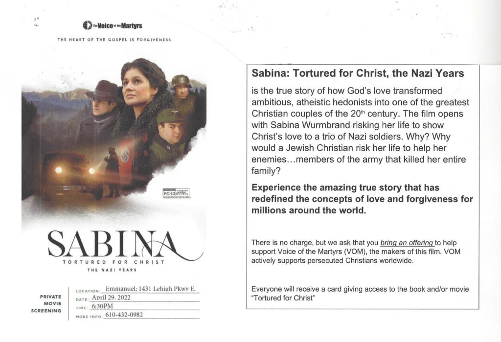 Voice of the Martyrs Screening of the Movie Sabina Tortured For