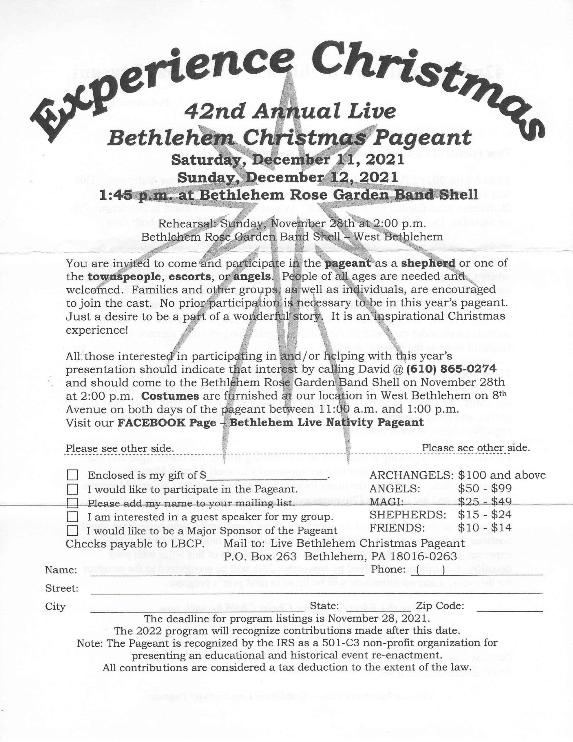 42nd Annual LIVE Bethlehem Christmas Pageant 145 PM Sat, & Sun, Dec 11